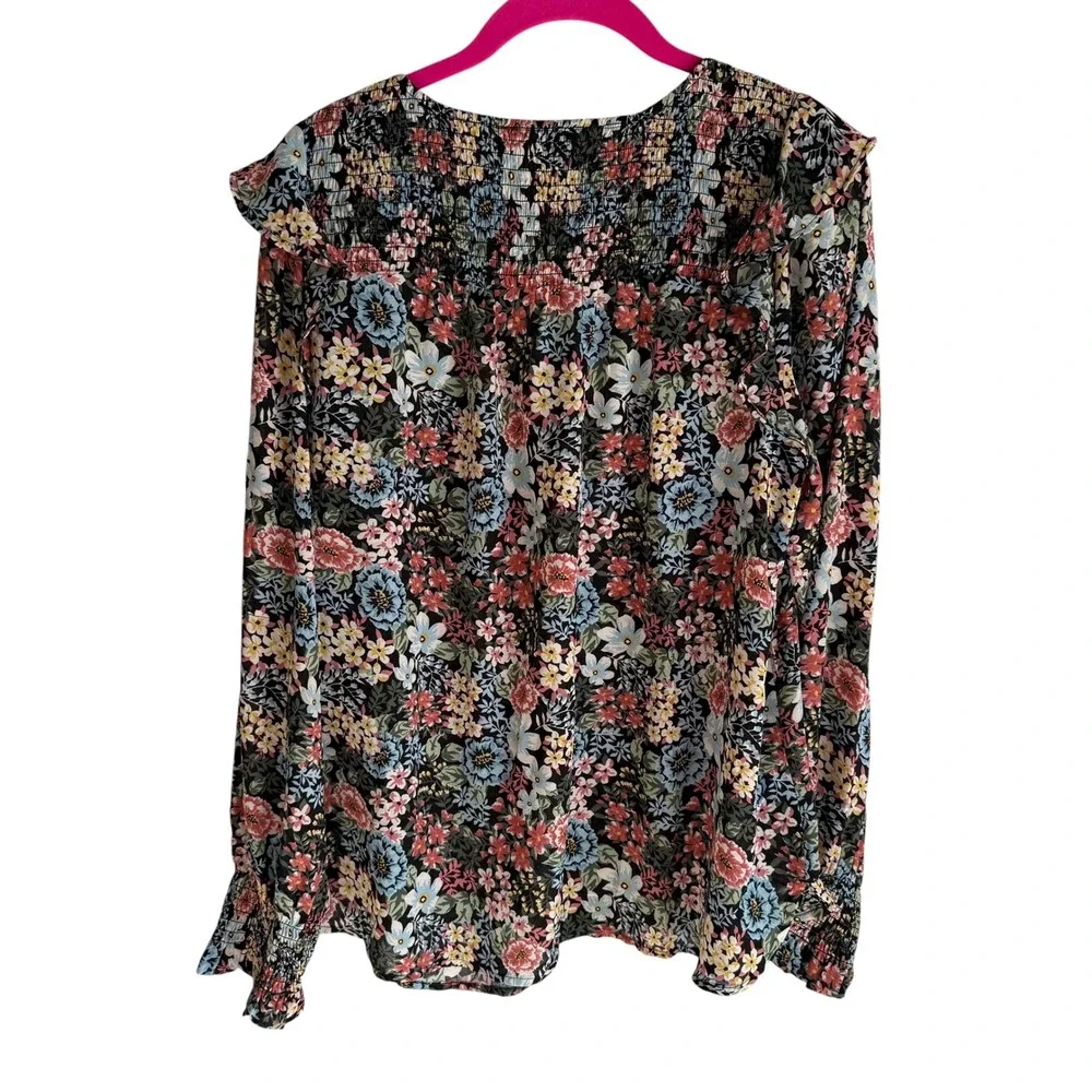 LOFT Bouquet Floral Flirty V-Neck Puff‎ Sleeves Ladies Multi Color Blouse, L